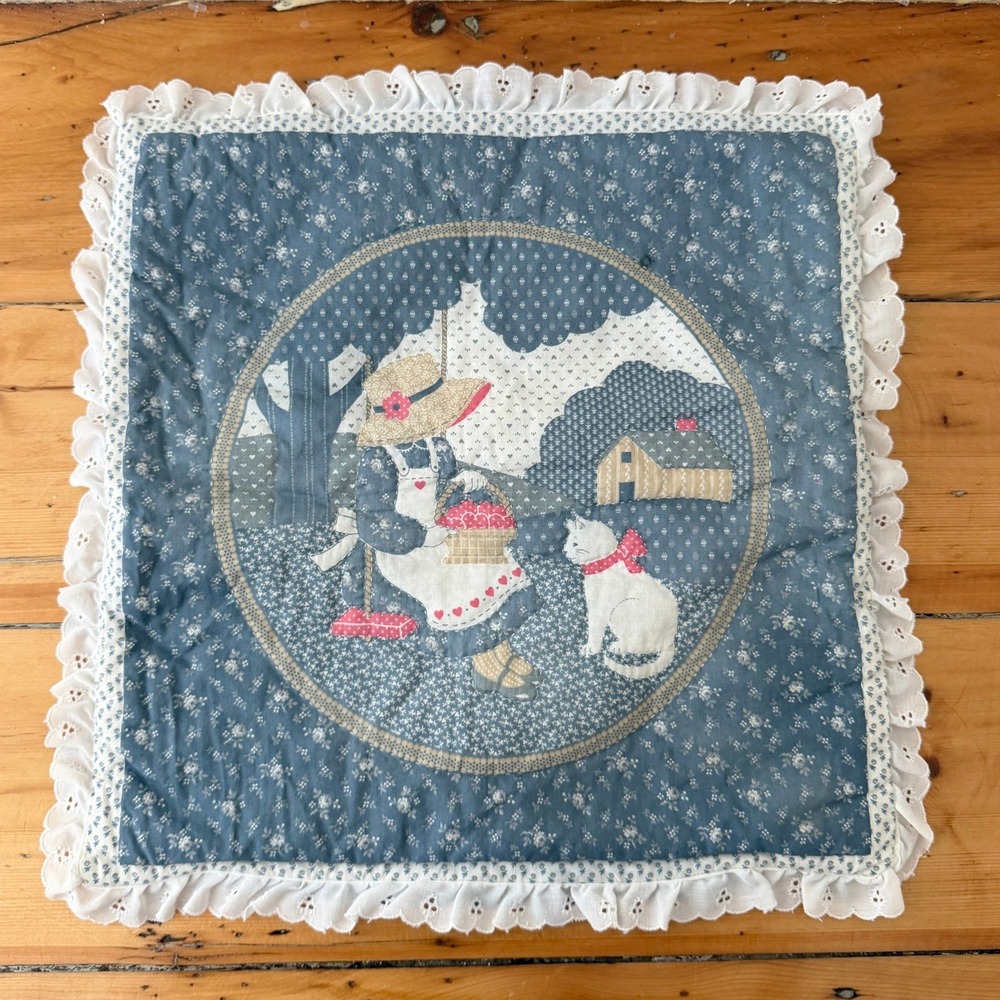 Handmade Quilted Cat Pillow Cover 16x16 Blue Floral Applique Eyelet Cottagecore